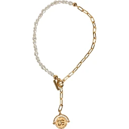 Gold Chain Brass Faux Pearl Charm Logo Pendant Necklace