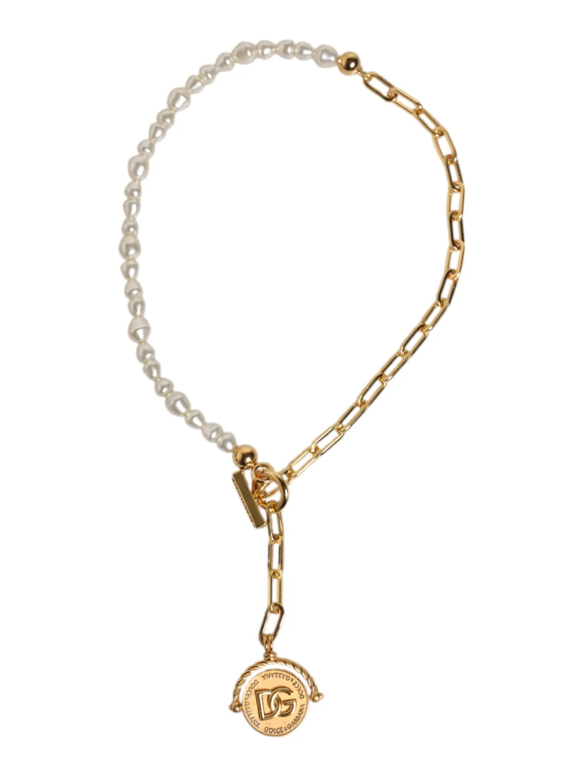 Gold Chain Brass Faux Pearl Charm Logo Pendant Necklace