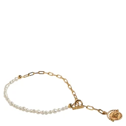 Gold Chain Brass Faux Pearl Charm Logo Pendant Necklace