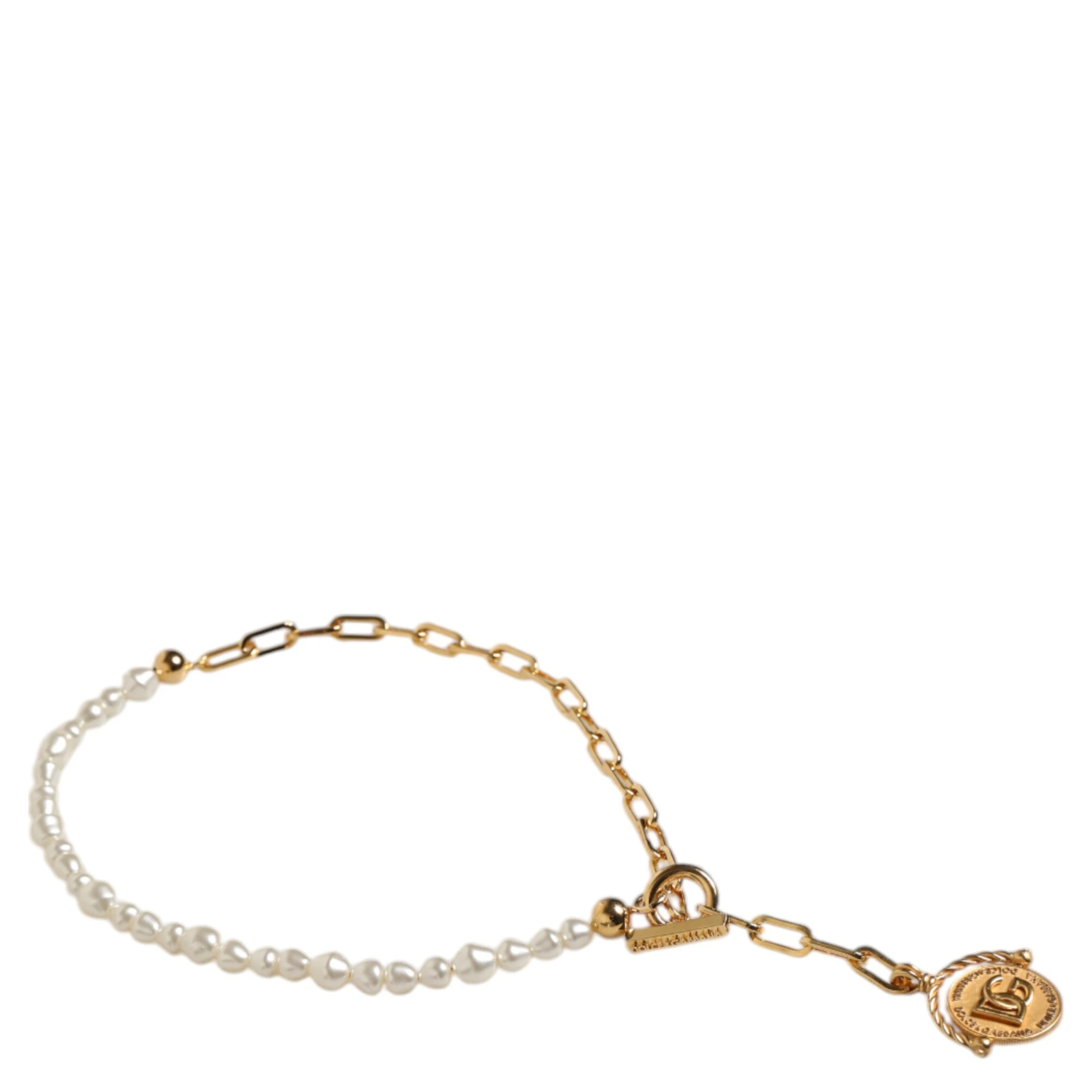 Gold Chain Brass Faux Pearl Charm Logo Pendant Necklace