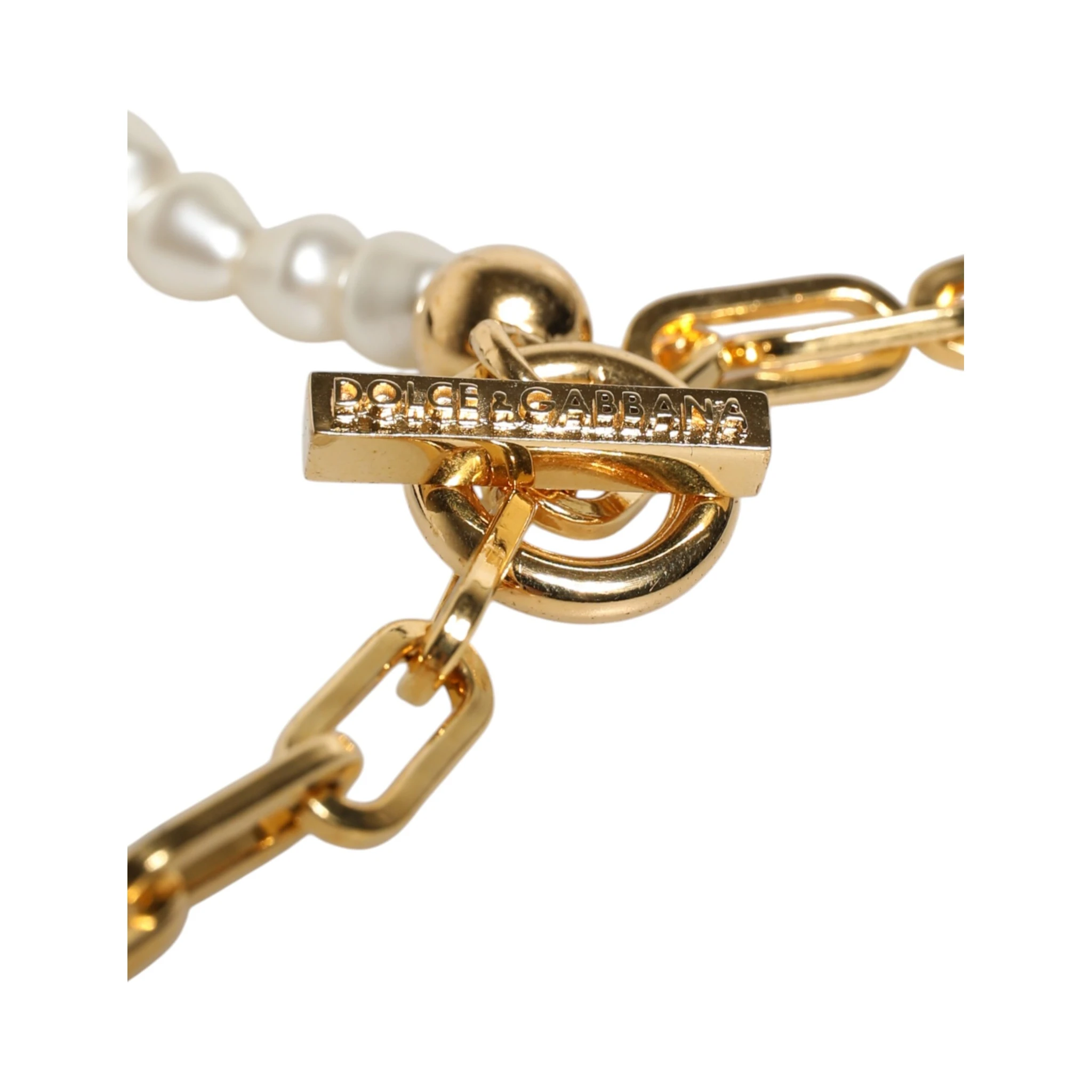 Gold Chain Brass Faux Pearl Charm Logo Pendant Necklace