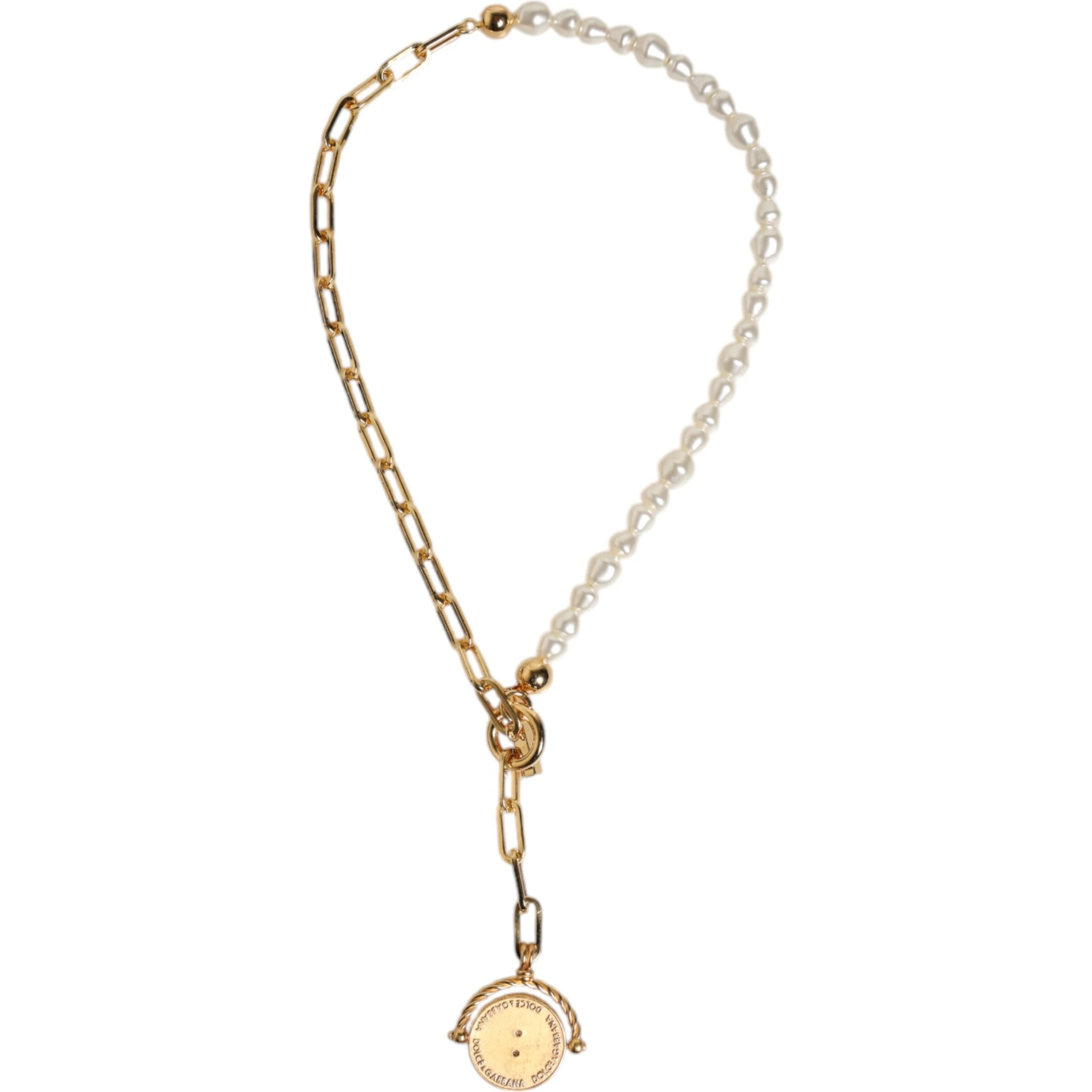 Gold Chain Brass Faux Pearl Charm Logo Pendant Necklace
