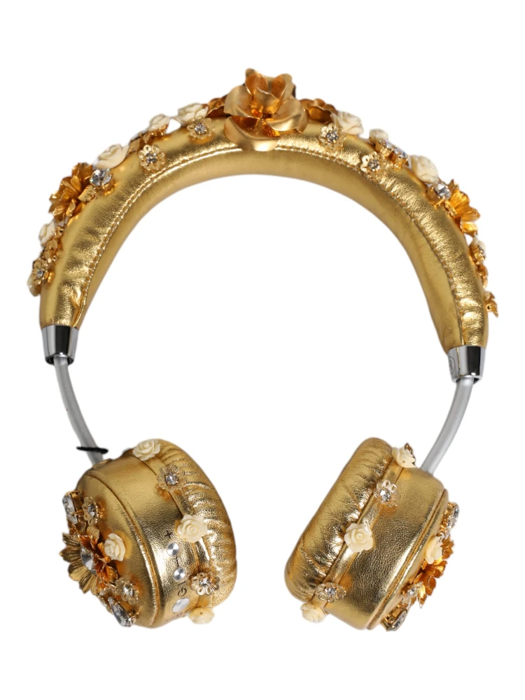 Gold Leather Floral Crystal Angel Headset Headphones