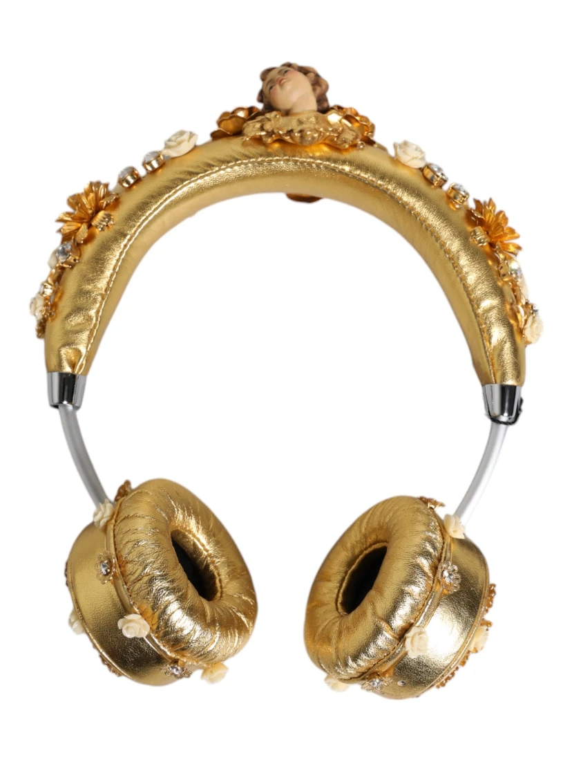 Gold Leather Floral Crystal Angel Headset Headphones