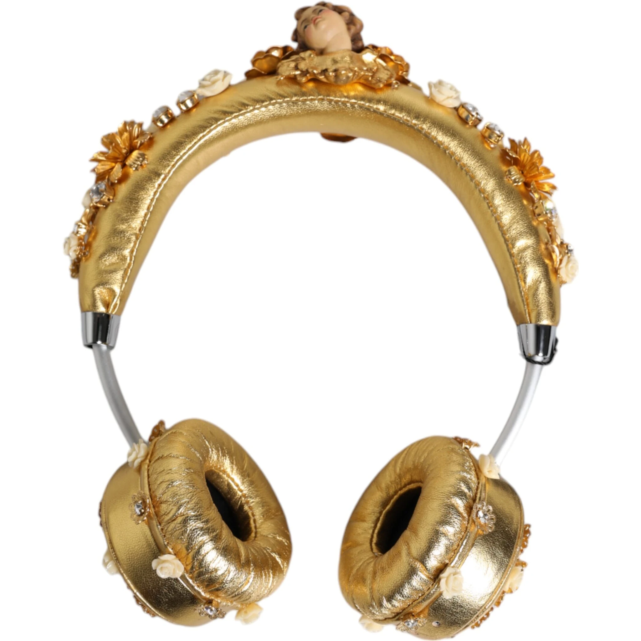 Gold Leather Floral Crystal Angel Headset Headphones