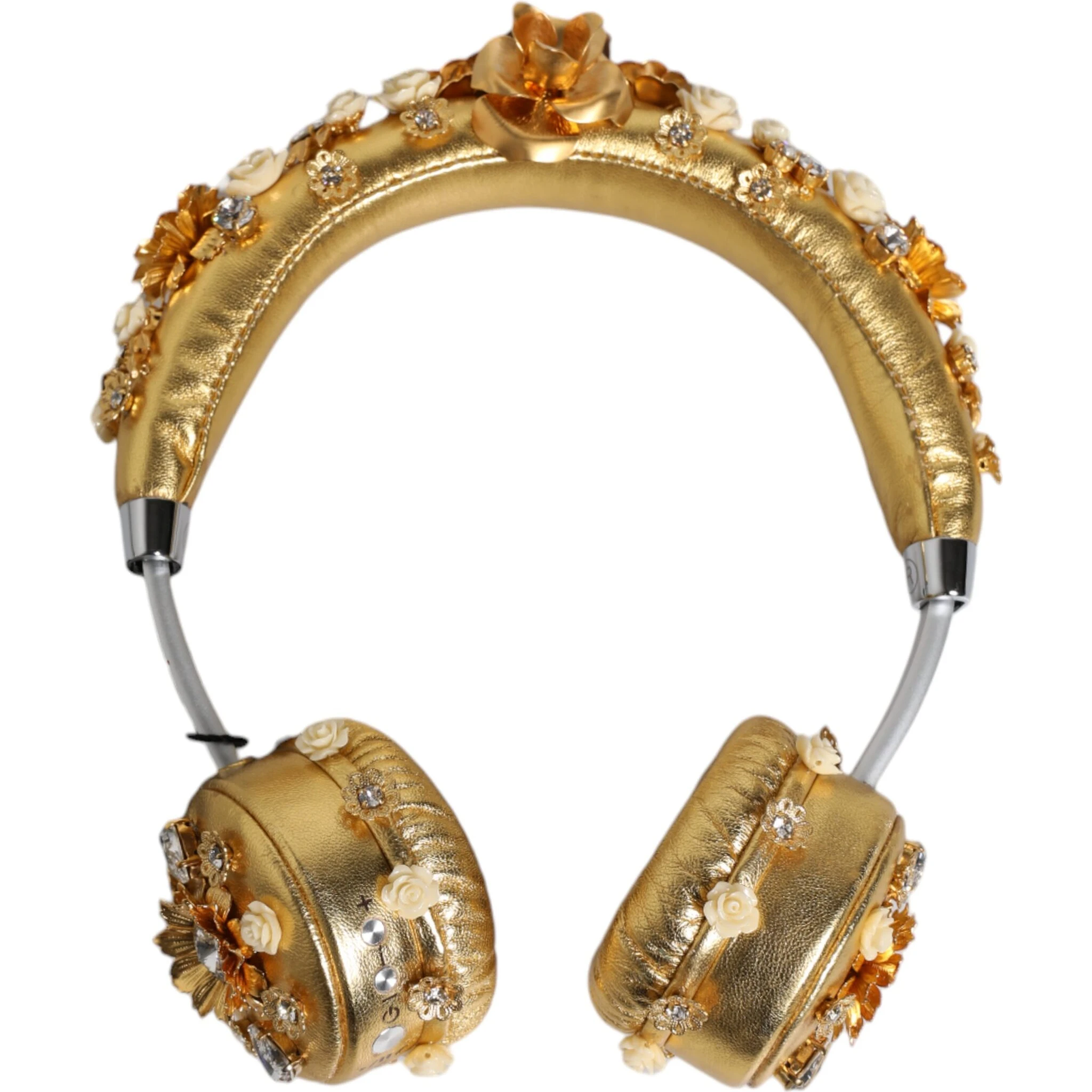 Gold Leather Floral Crystal Angel Headset Headphones