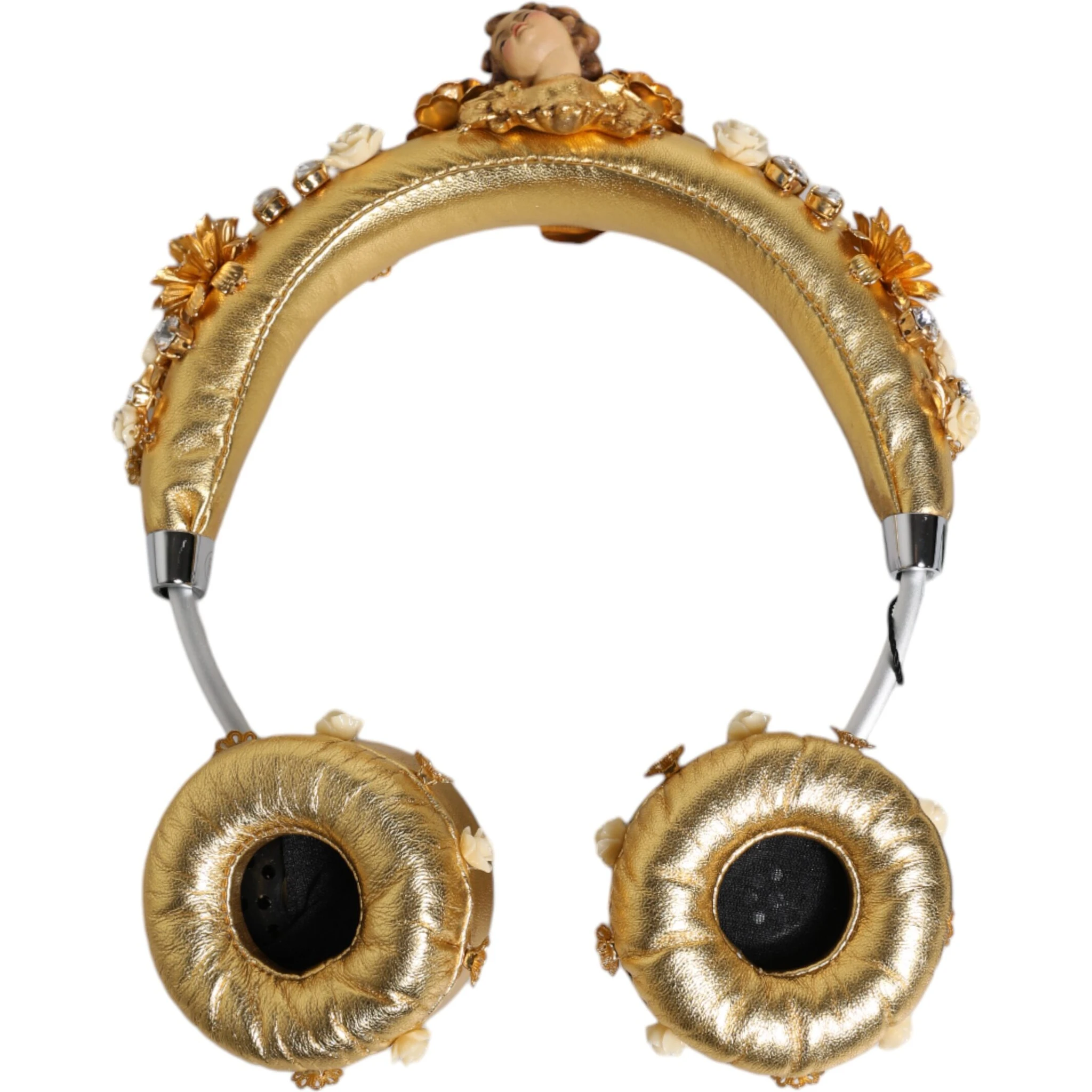 Gold Leather Floral Crystal Angel Headset Headphones