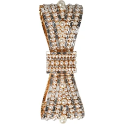 Gold Tone Brass Bow Crystal FauxPearl Embellished Brooch