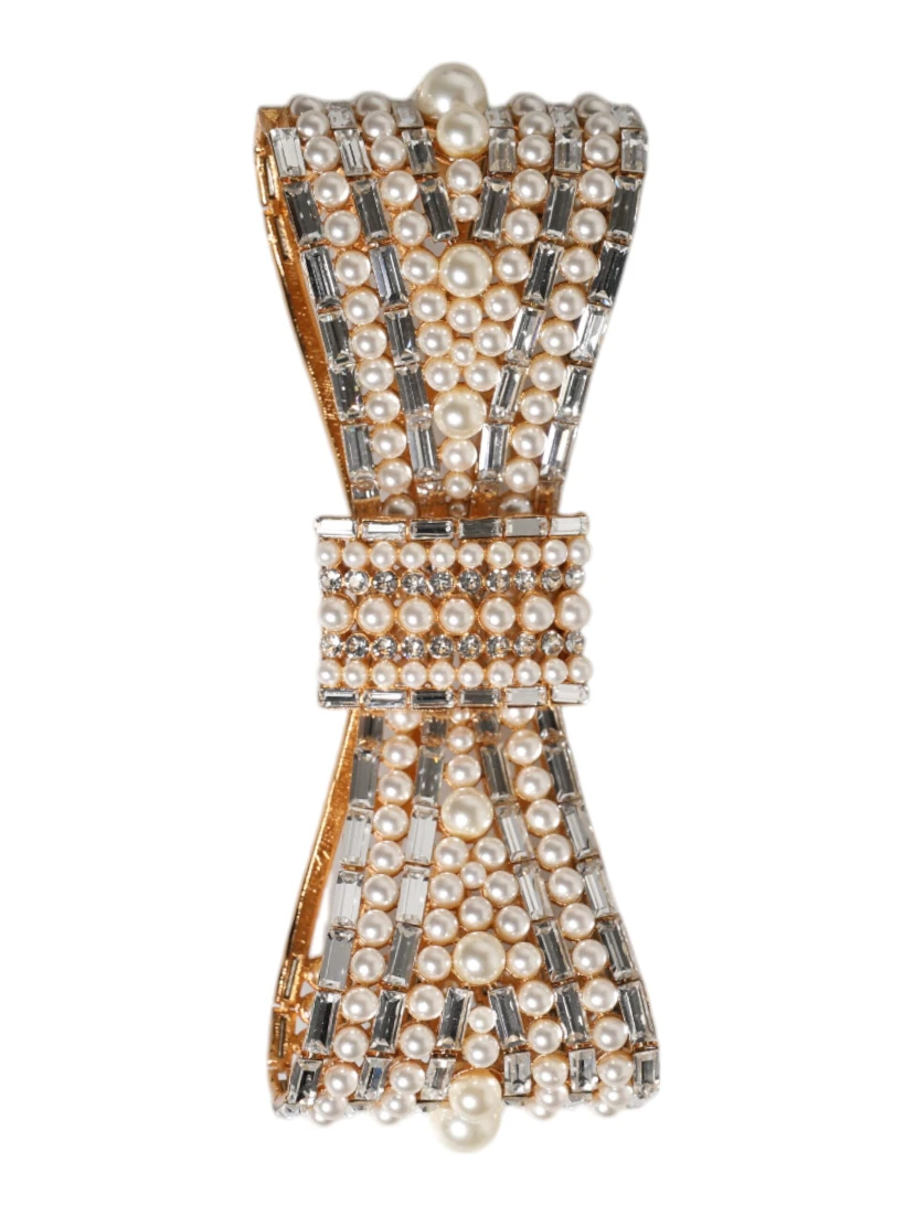 Gold Tone Brass Bow Crystal FauxPearl Embellished Brooch