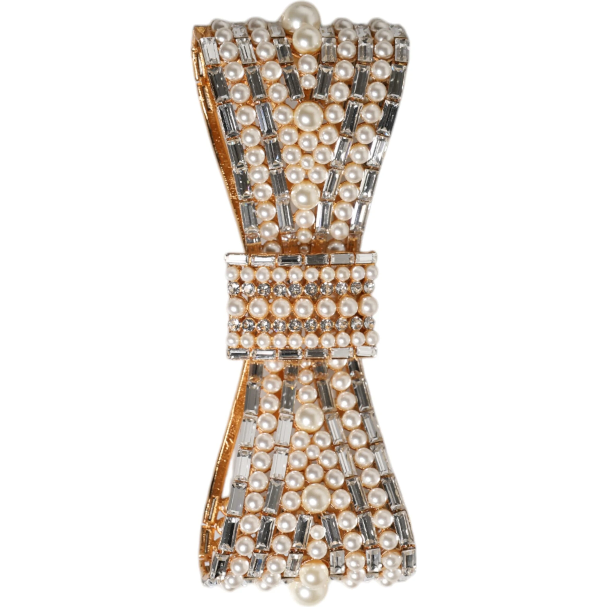 Gold Tone Brass Bow Crystal FauxPearl Embellished Brooch