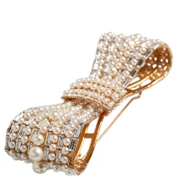 Gold Tone Brass Bow Crystal FauxPearl Embellished Brooch