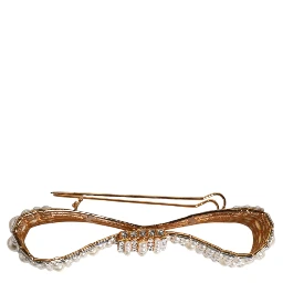 Gold Tone Brass Bow Crystal FauxPearl Embellished Brooch