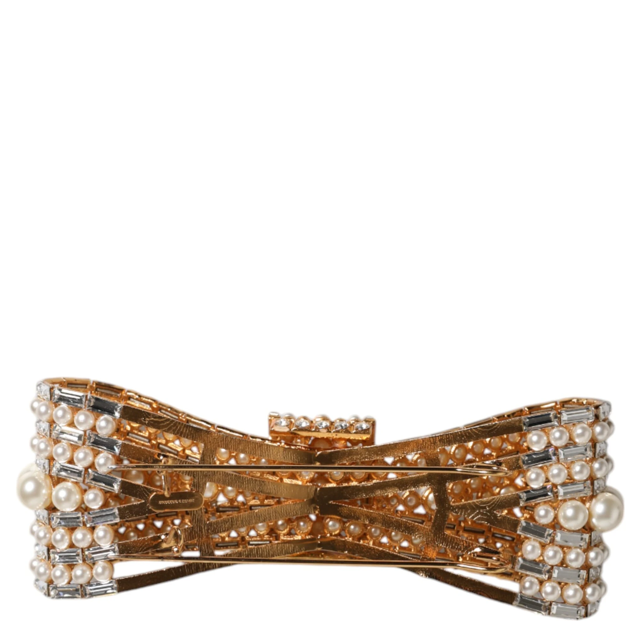 Gold Tone Brass Bow Crystal FauxPearl Embellished Brooch