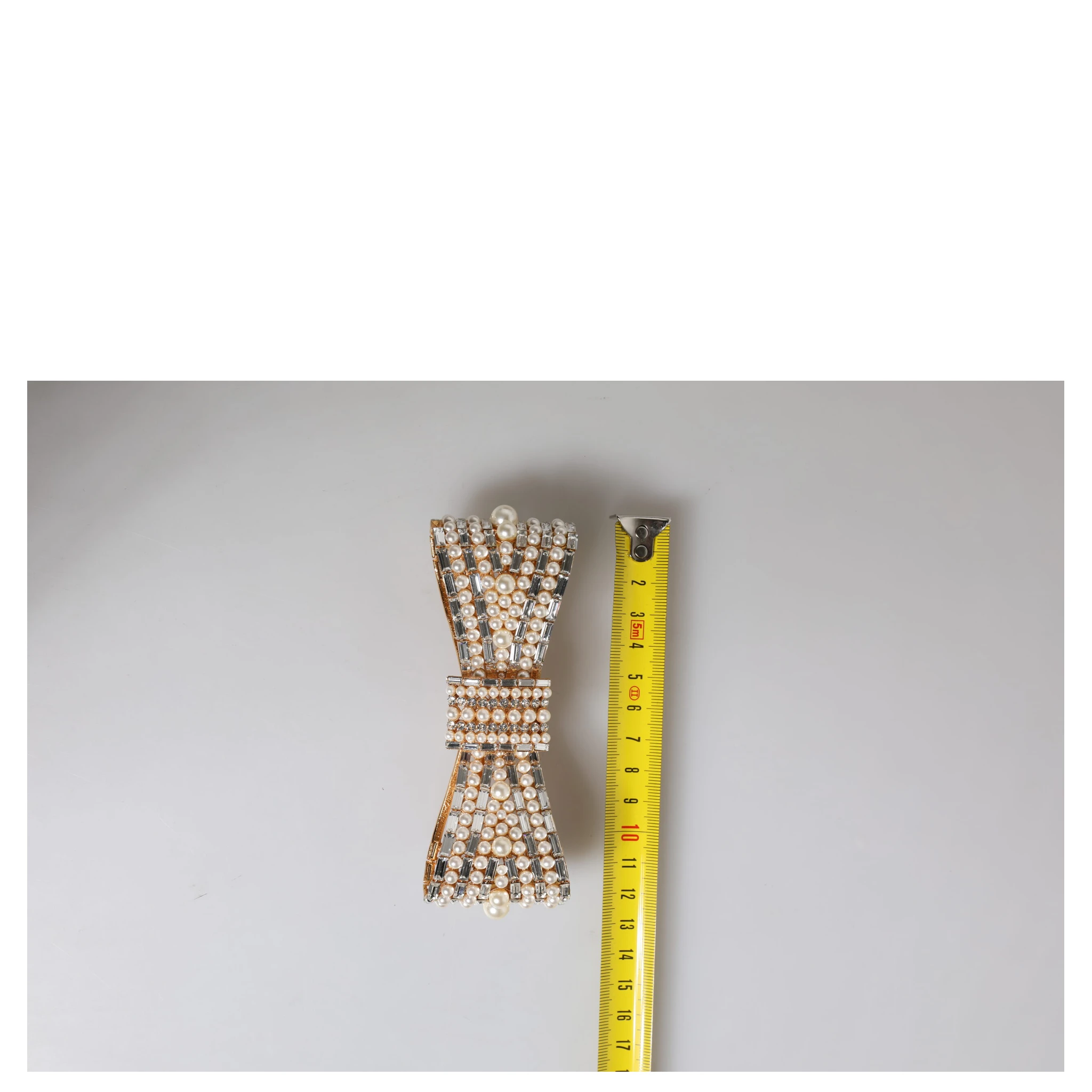 Gold Tone Brass Bow Crystal FauxPearl Embellished Brooch