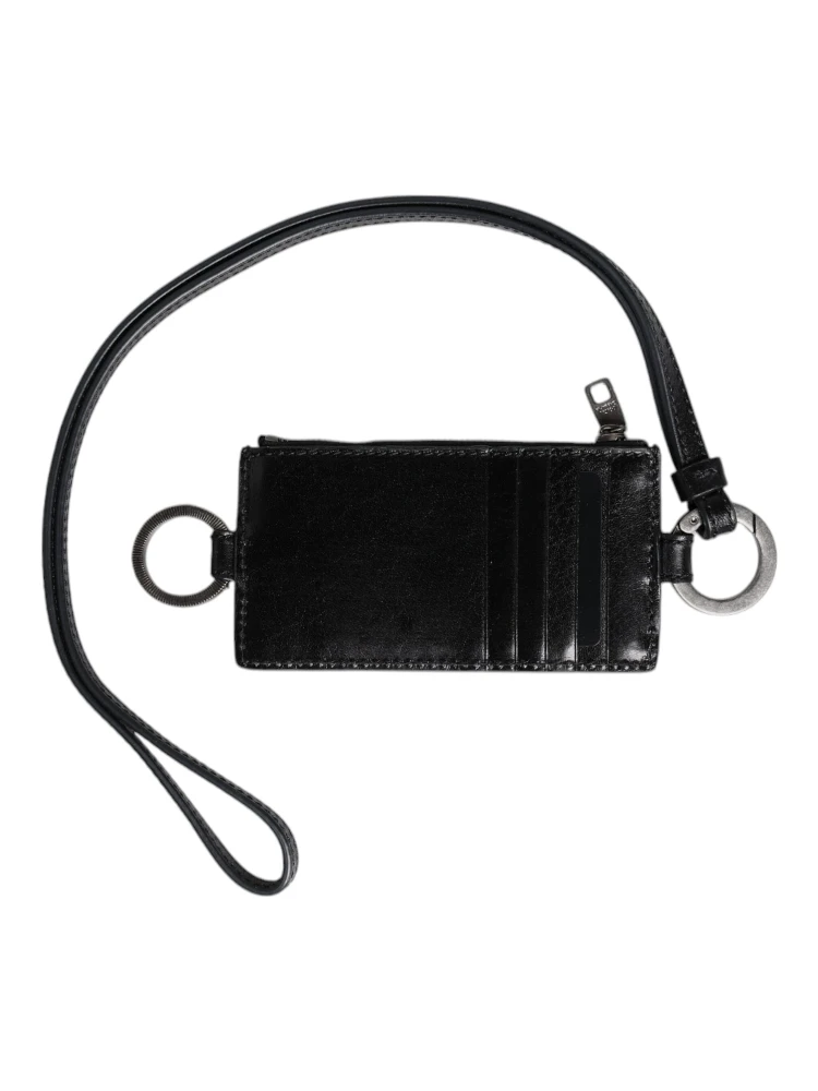 Black Leather Logo Embossed Lanyard Card Holder Wallet