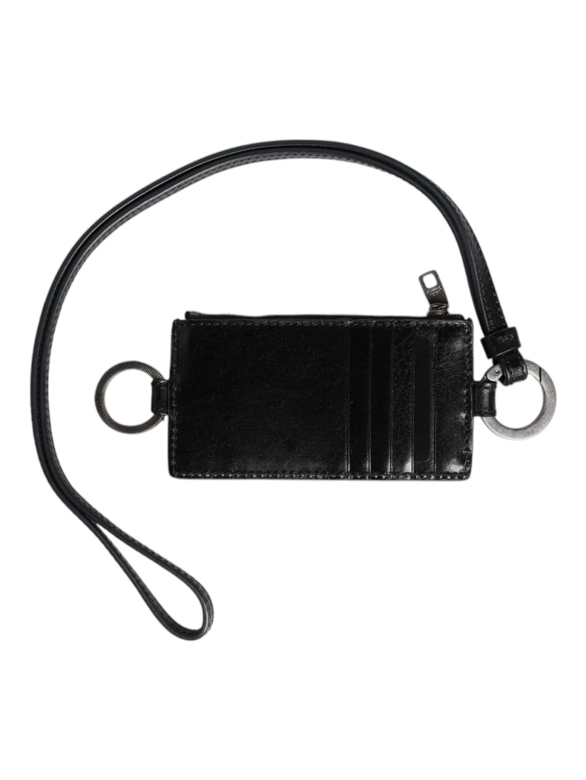 Black Leather Logo Embossed Lanyard Card Holder Wallet