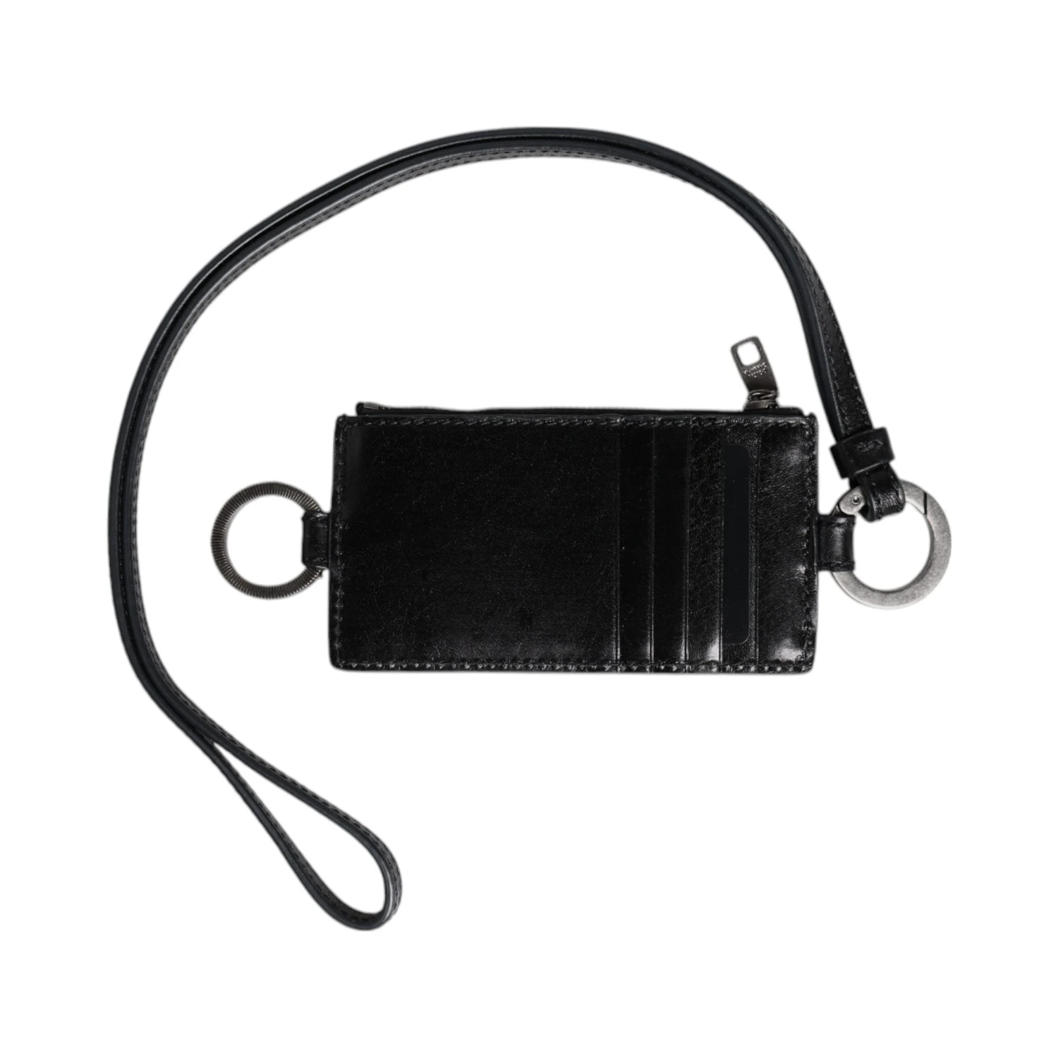 Black Leather Logo Embossed Lanyard Card Holder Wallet