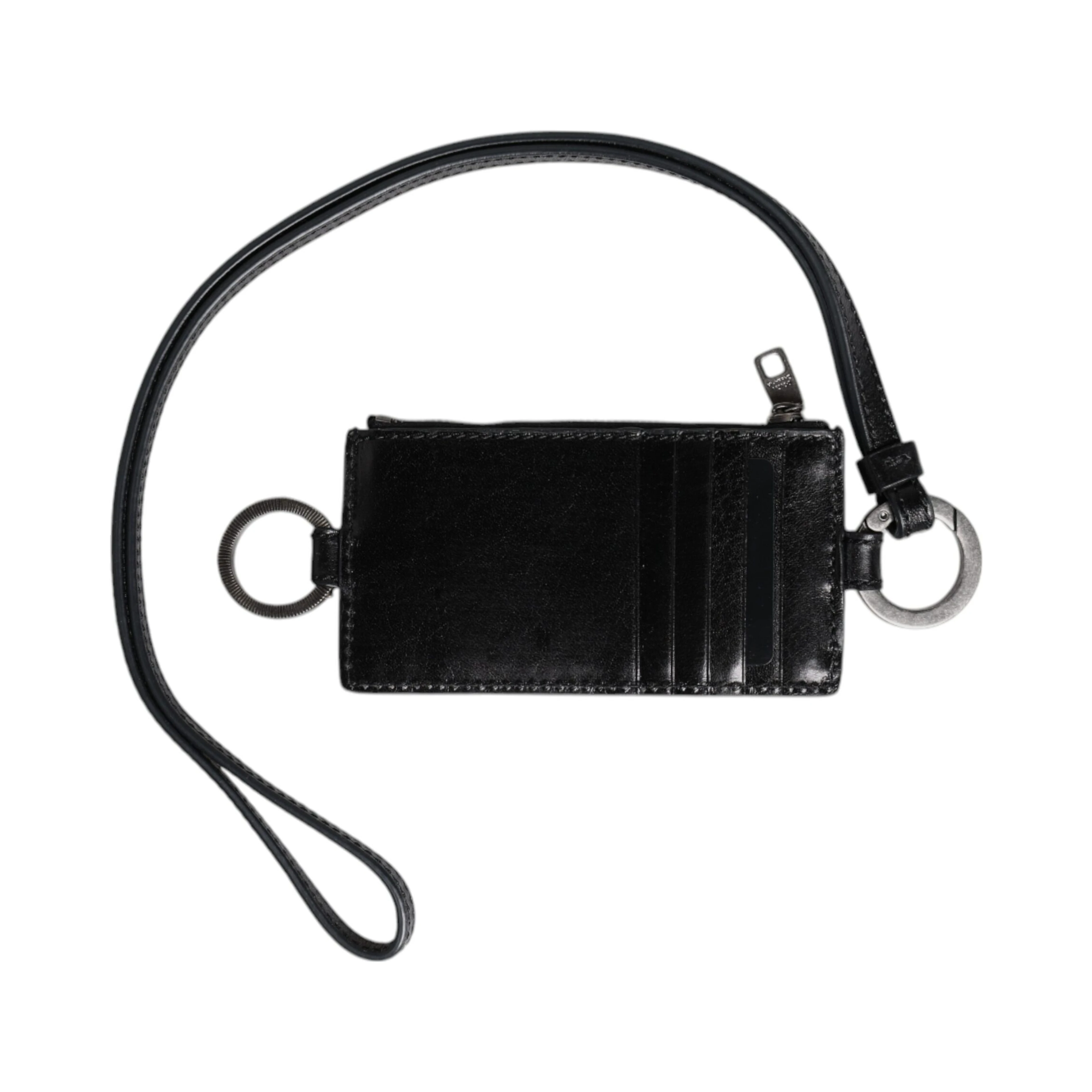 Black Leather Logo Embossed Lanyard Card Holder Wallet