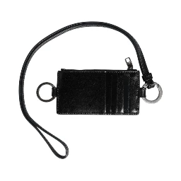 Black Leather Logo Embossed Lanyard Card Holder Wallet