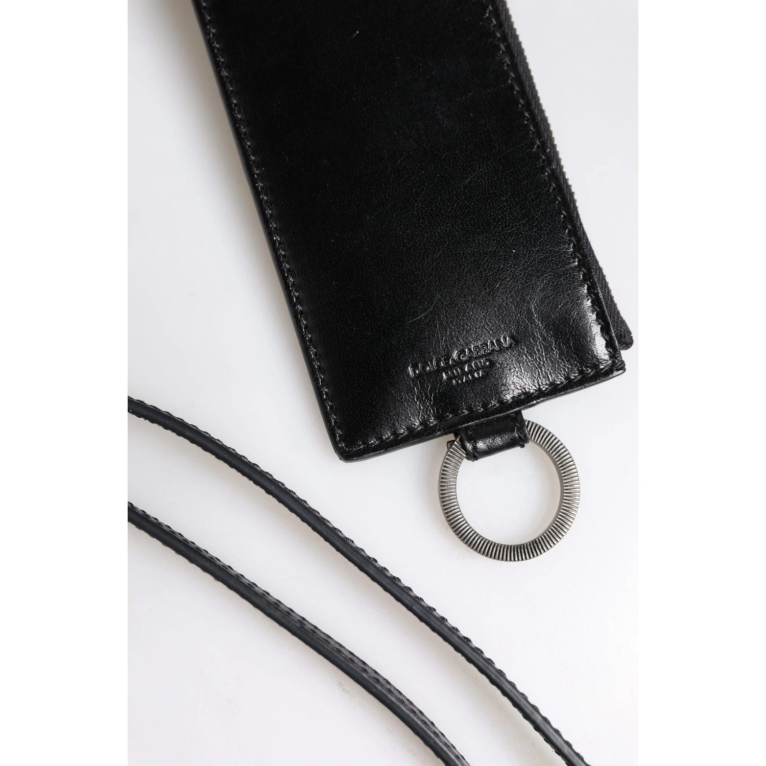 Black Leather Logo Embossed Lanyard Card Holder Wallet