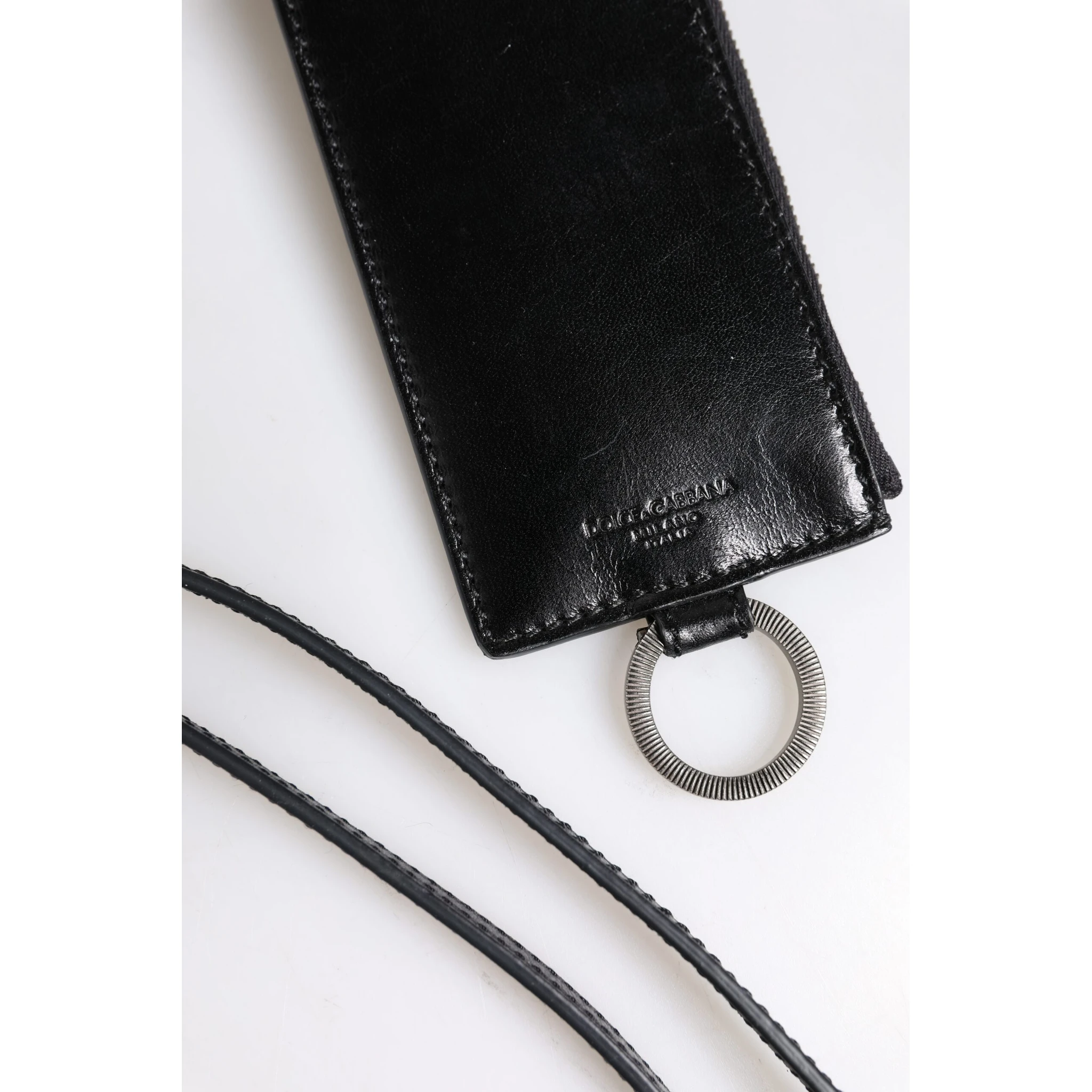 Black Leather Logo Embossed Lanyard Card Holder Wallet