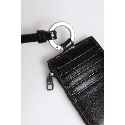 Black Leather Logo Embossed Lanyard Card Holder Wallet