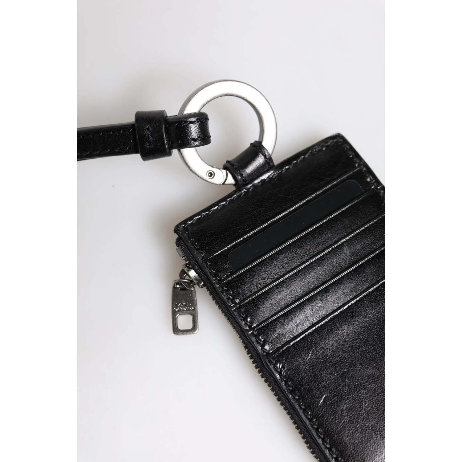 Black Leather Logo Embossed Lanyard Card Holder Wallet