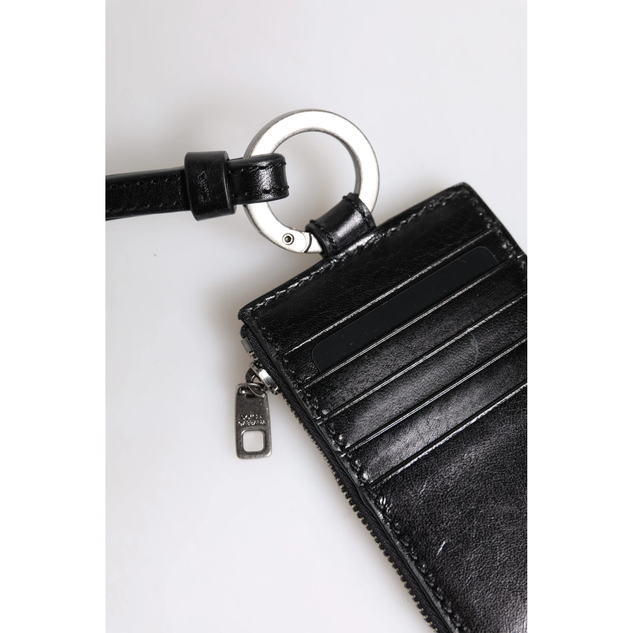 Black Leather Logo Embossed Lanyard Card Holder Wallet