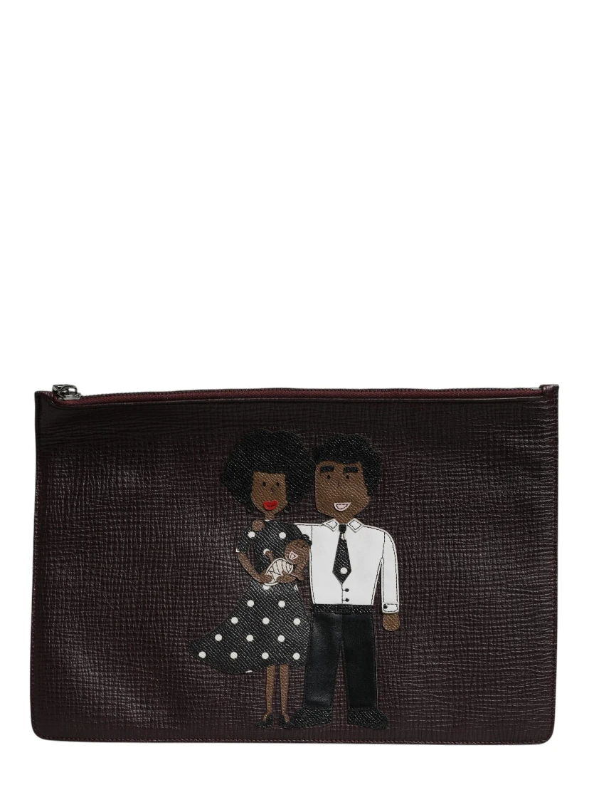 Brown Leather #DGFAMILY Embellished Men Clutch Pouch Bag