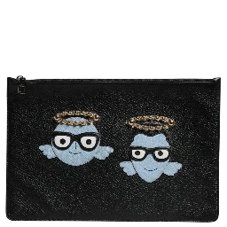 Black Leather #DGFAMILY Embellished Men Zip Pouch Bag