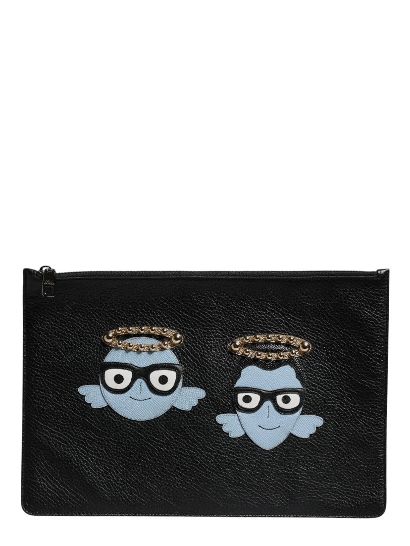 Black Leather #DGFAMILY Embellished Men Zip Pouch Bag