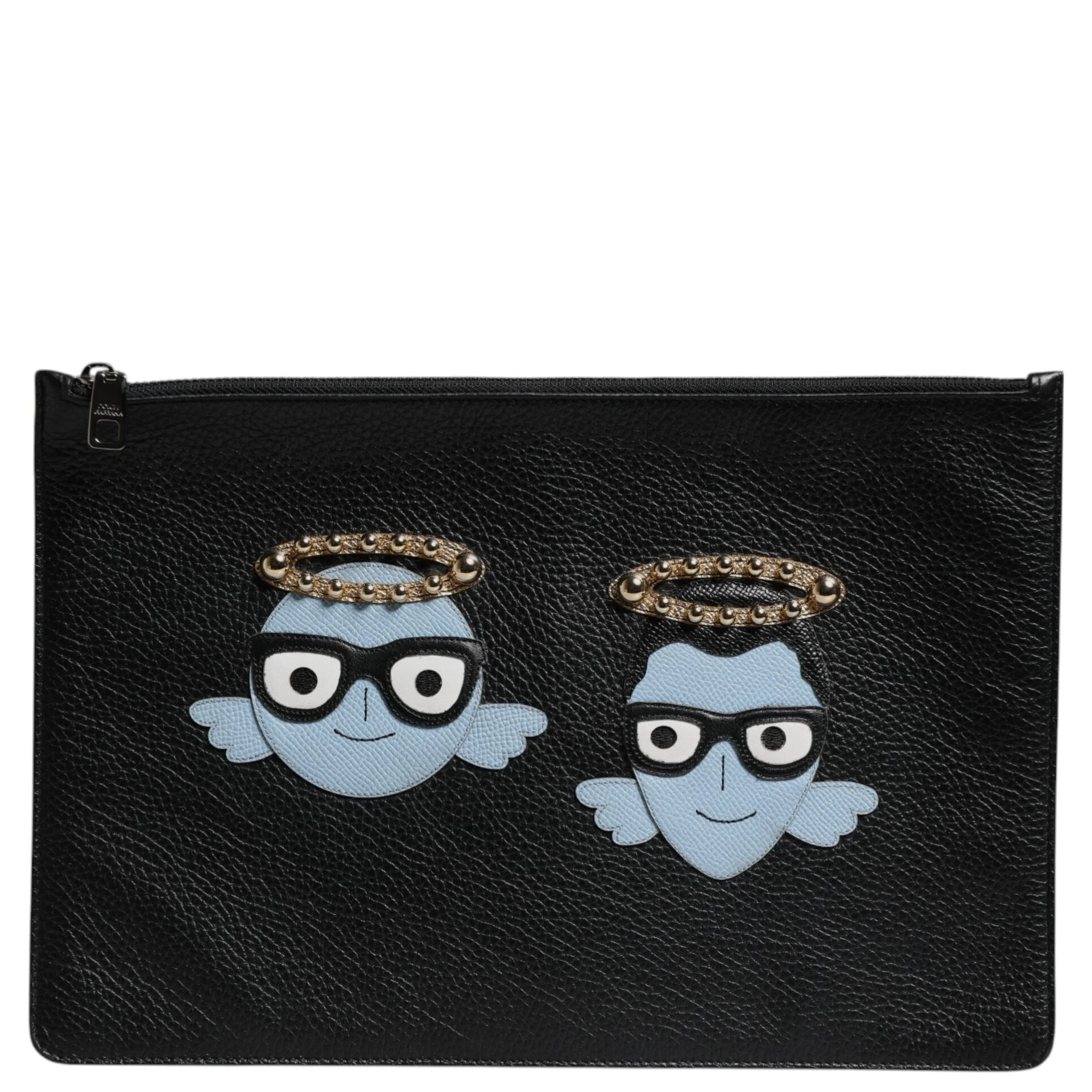 Black Leather #DGFAMILY Embellished Men Zip Pouch Bag