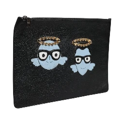 Black Leather #DGFAMILY Embellished Men Zip Pouch Bag