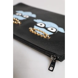 Black Leather #DGFAMILY Embellished Men Zip Pouch Bag