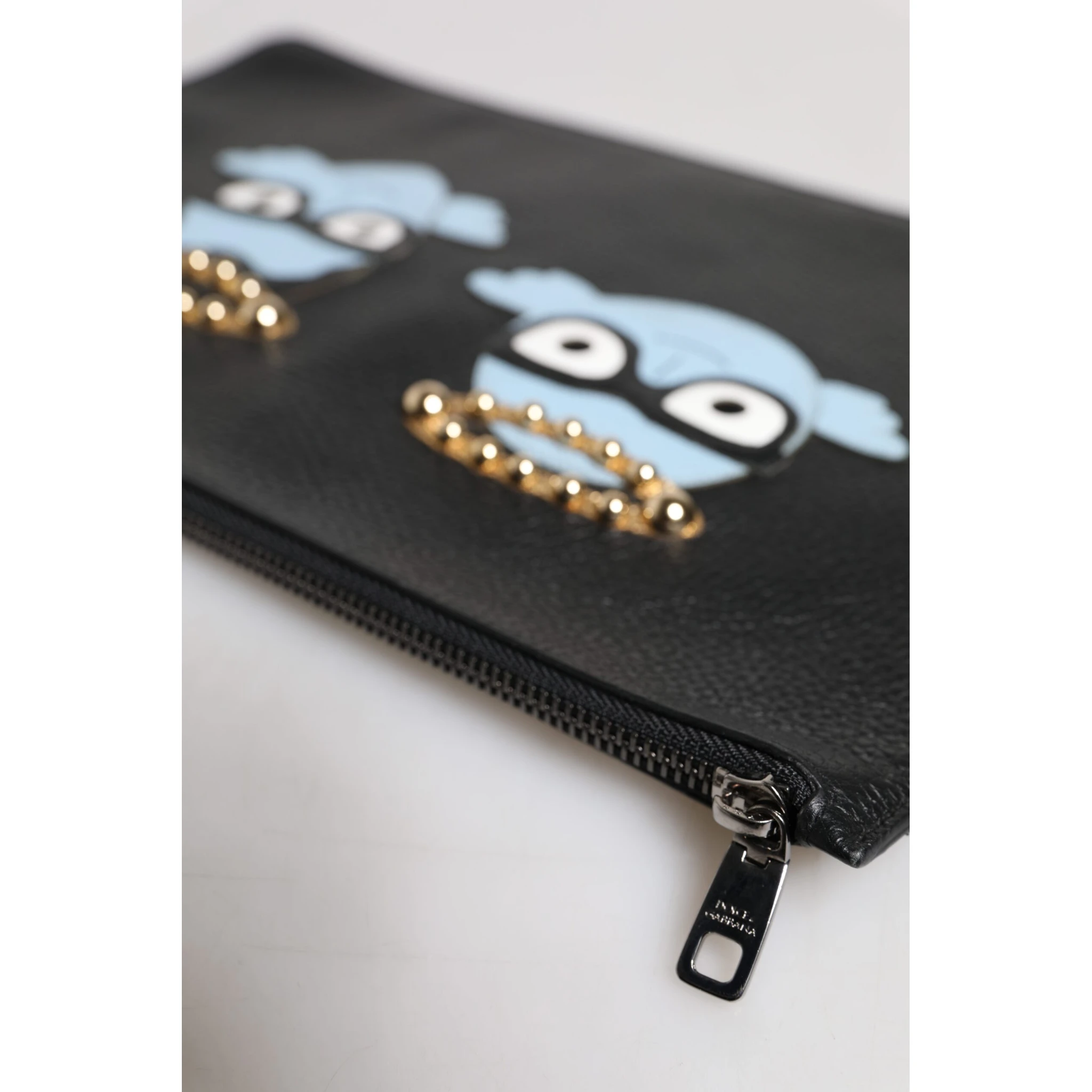 Black Leather #DGFAMILY Embellished Men Zip Pouch Bag