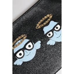 Black Leather #DGFAMILY Embellished Men Zip Pouch Bag