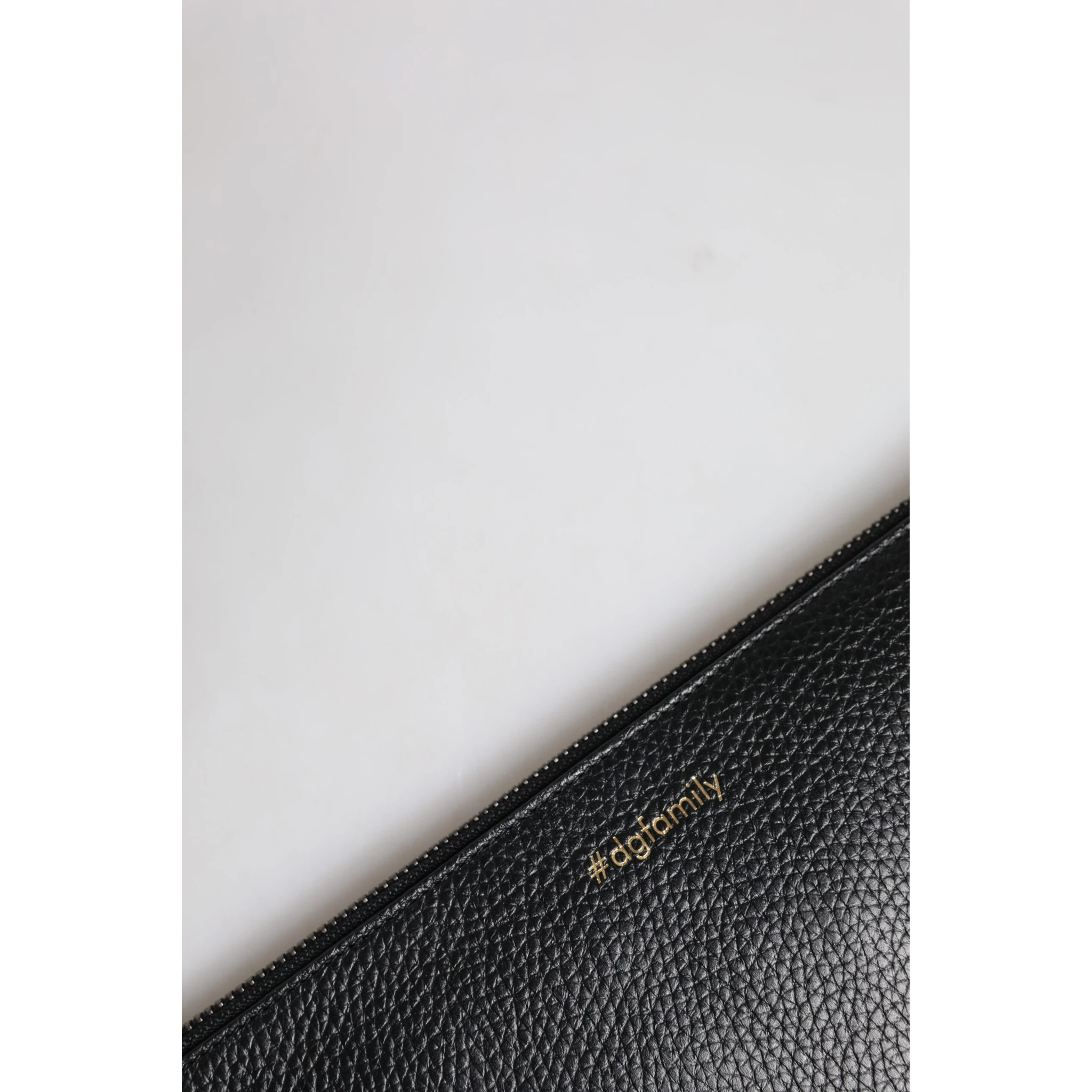 Black Leather #DGFAMILY Embellished Men Zip Pouch Bag