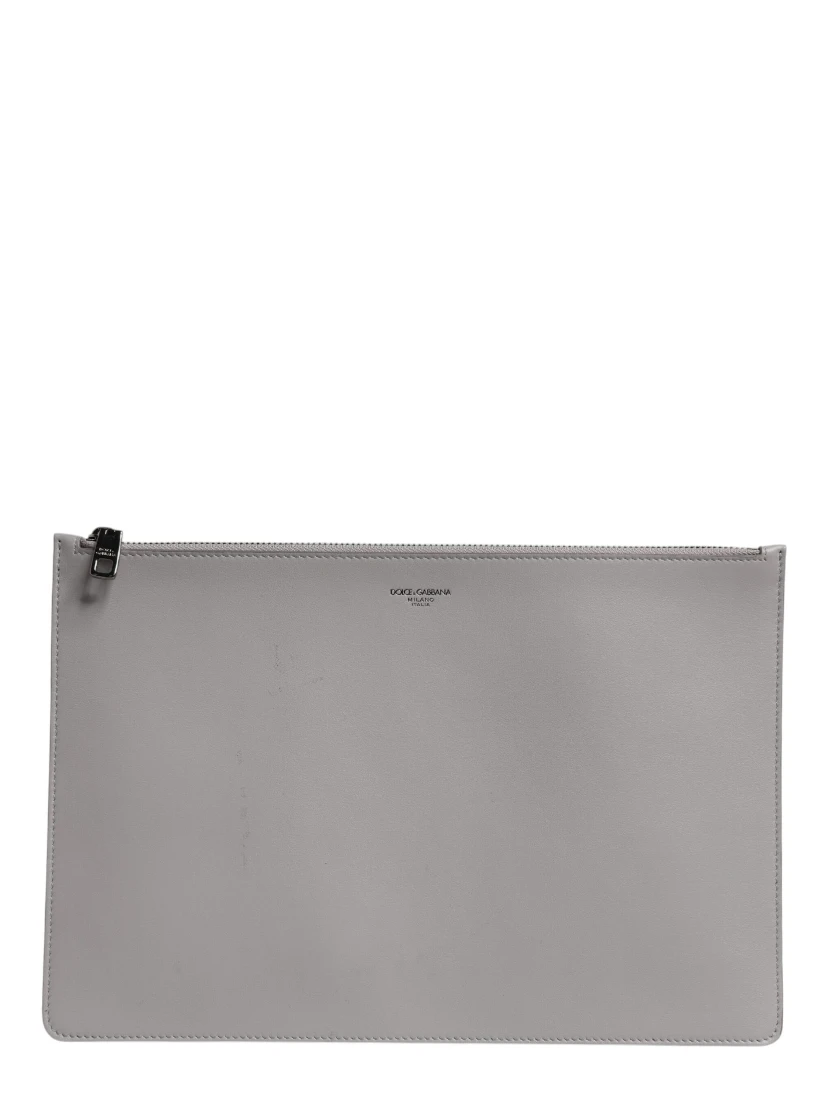 Gray Solid Leather DG Logo Men Clutch Zip Pouch Bag