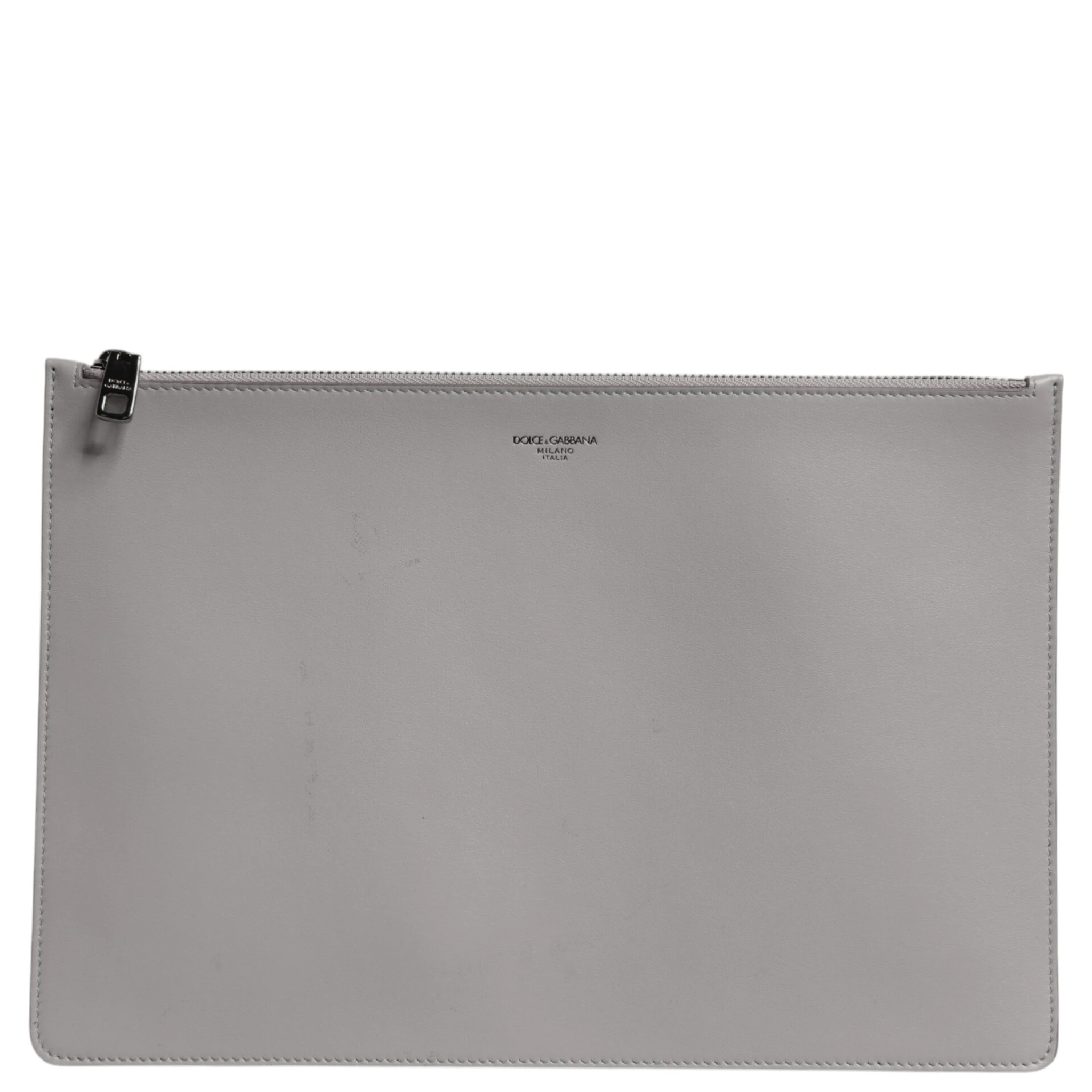 Gray Solid Leather DG Logo Men Clutch Zip Pouch Bag