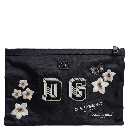 Blue DG Logo Patch Embellished Pouch Clutch Bag