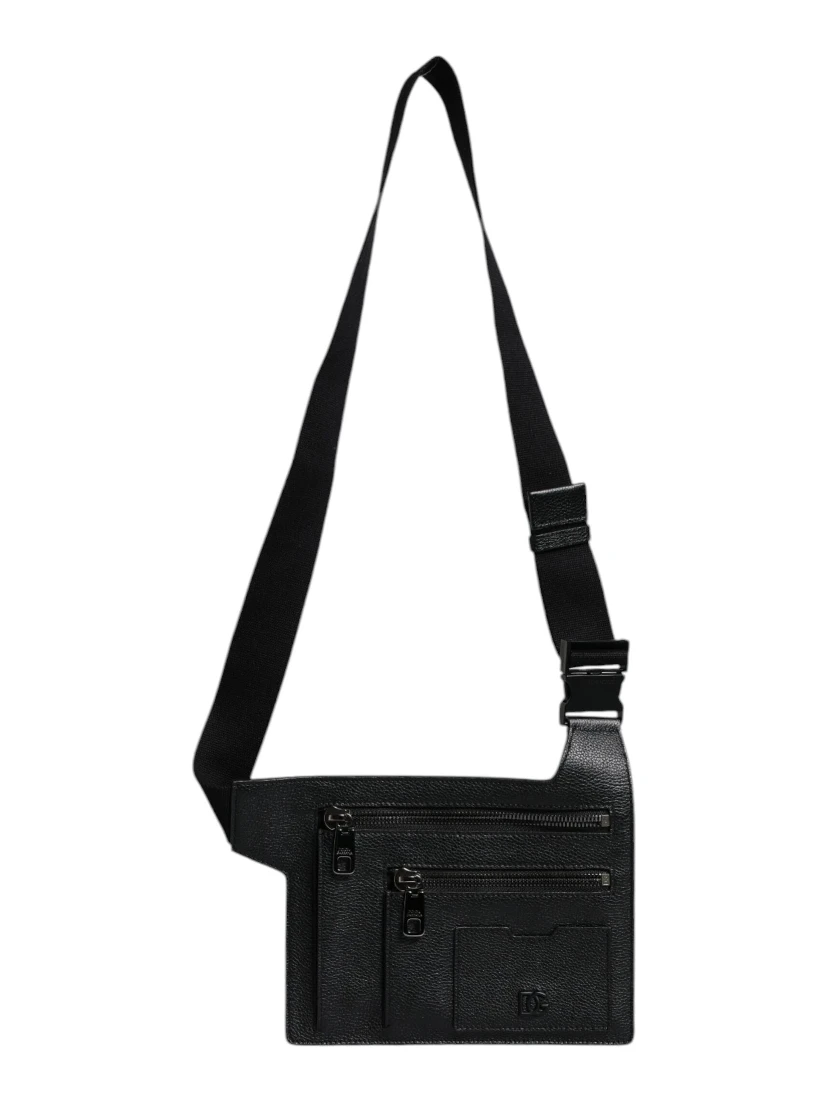 Black Calfskin Leather Messenger Crossbody Bag