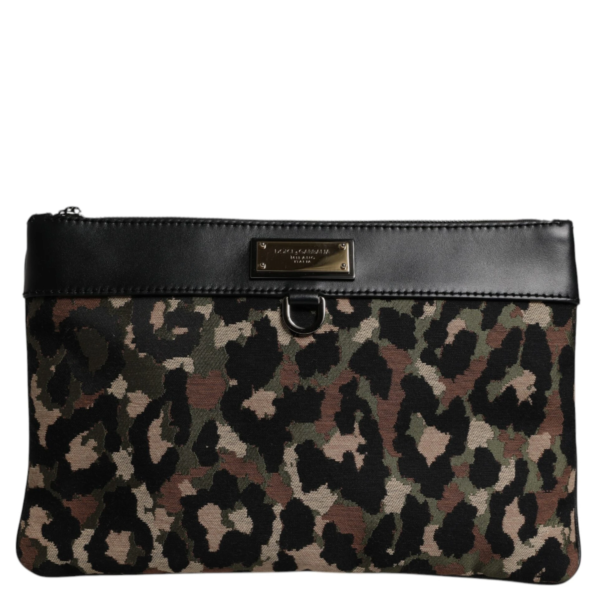 Multicolor Leopard Jacquard Print Logo Plaque Pouch Bag