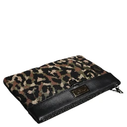 Multicolor Leopard Jacquard Print Logo Plaque Pouch Bag