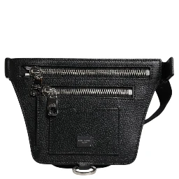 Black Calfskin Logo Plaque Belt Waist Men Fanny Pack Bag