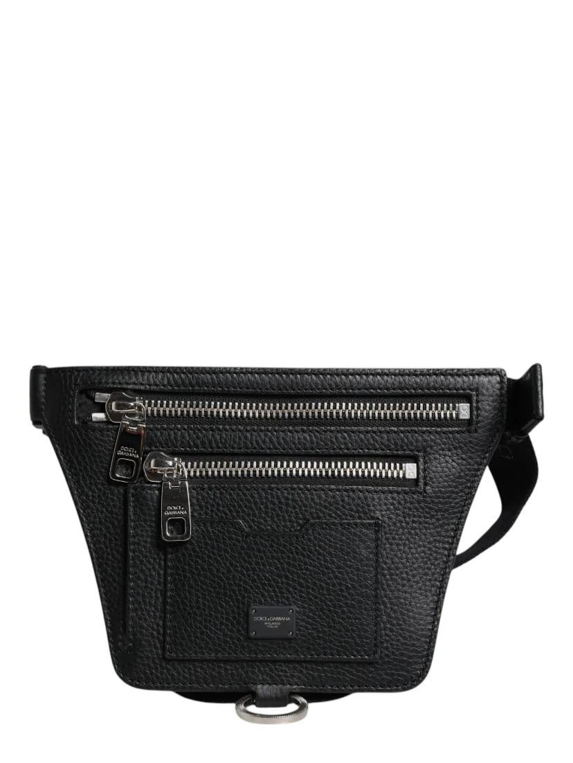 Black Calfskin Logo Plaque Belt Waist Men Fanny Pack Bag