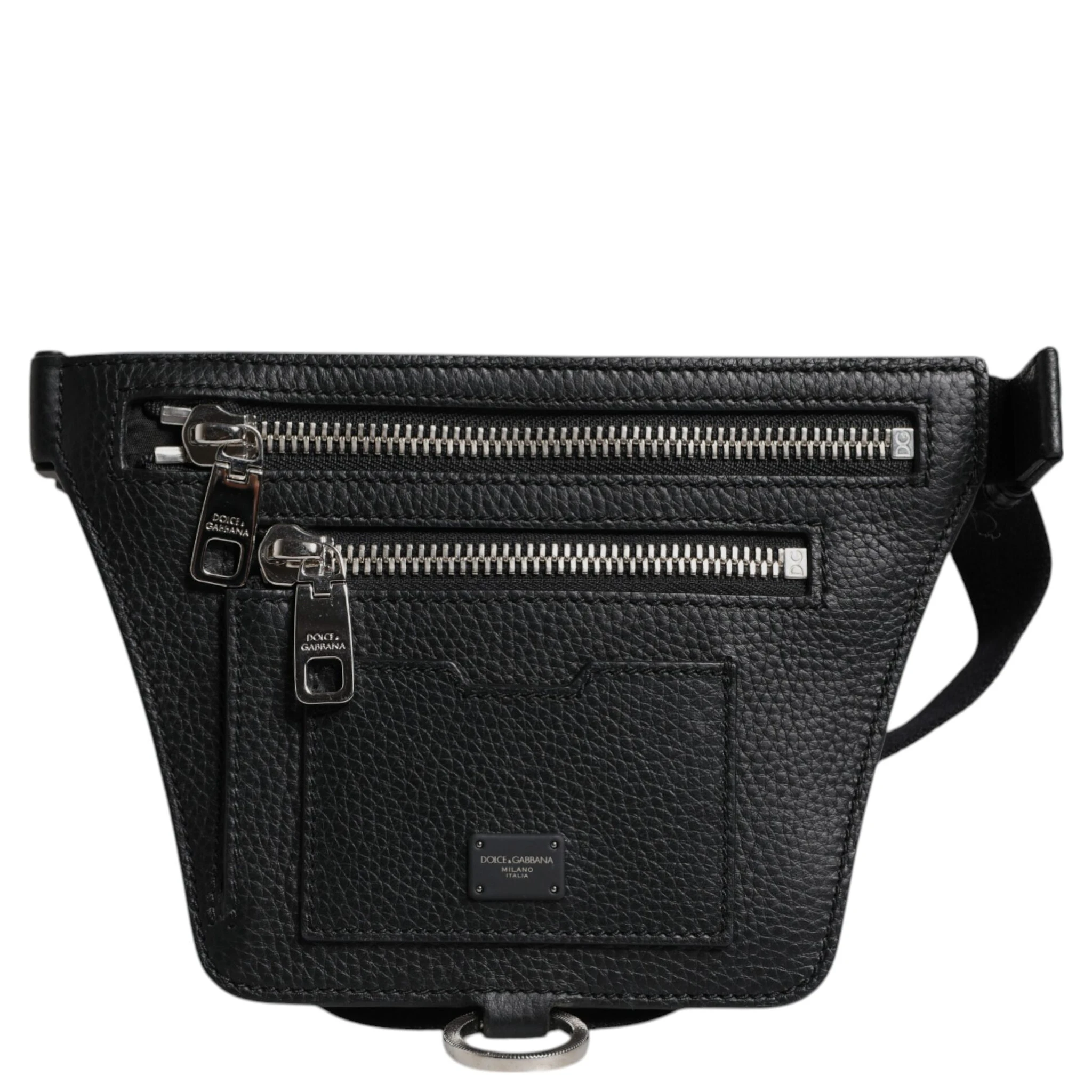 Black Calfskin Logo Plaque Belt Waist Men Fanny Pack Bag