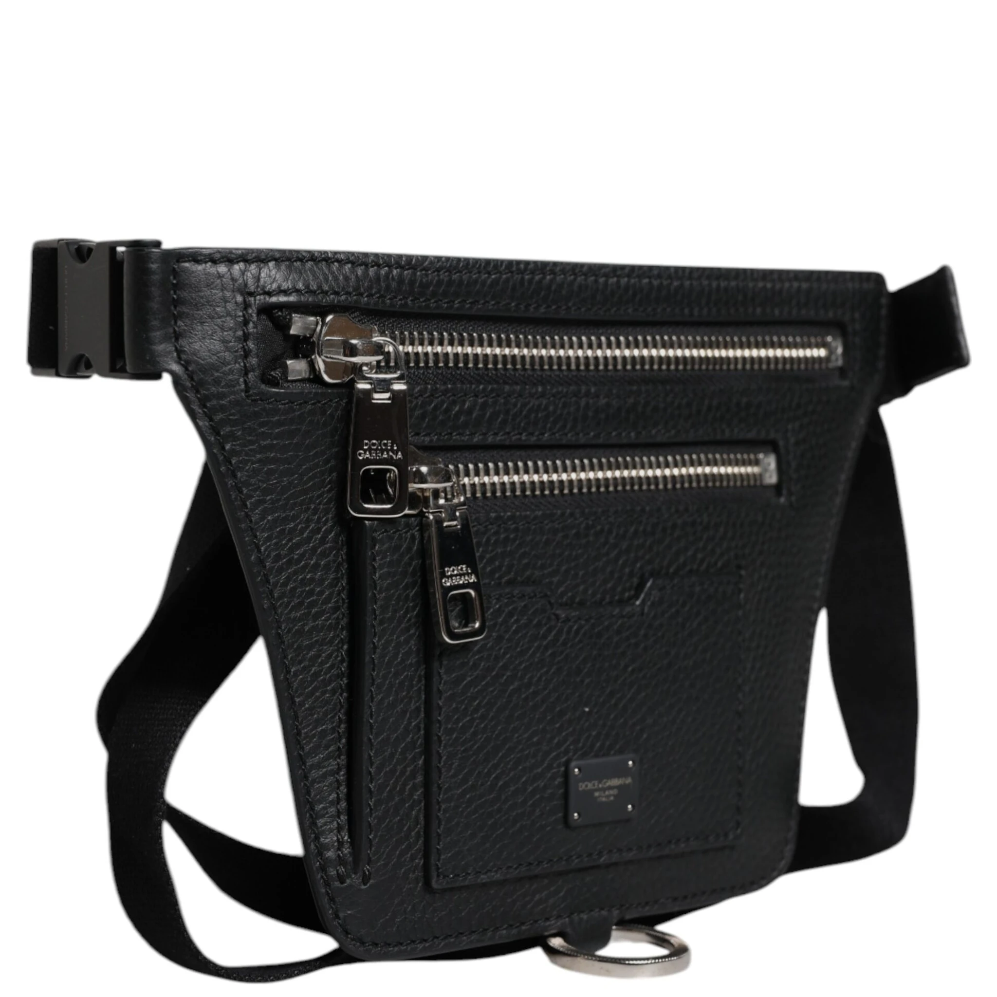 Black Calfskin Logo Plaque Belt Waist Men Fanny Pack Bag