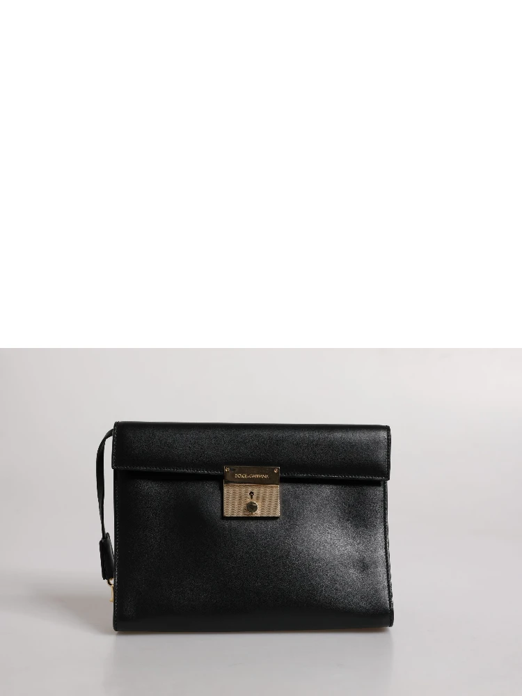 Black Leather Logo Plaque Document Briefcase Bag