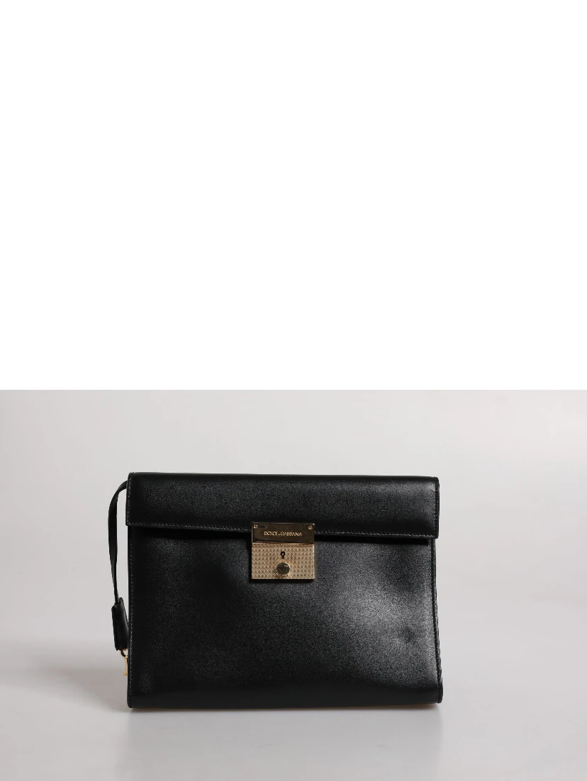 Black Leather Logo Plaque Document Briefcase Bag