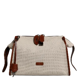 Beige Brown Cotton Leather Duffle Shoulder Bag